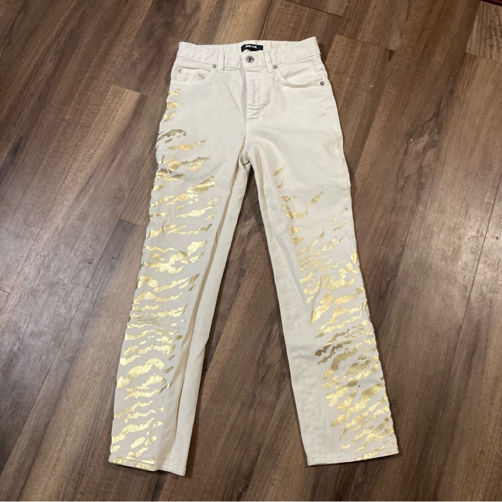 Vintage Roberto Cavalli White Zebra Gold Foil Pants Sz 26